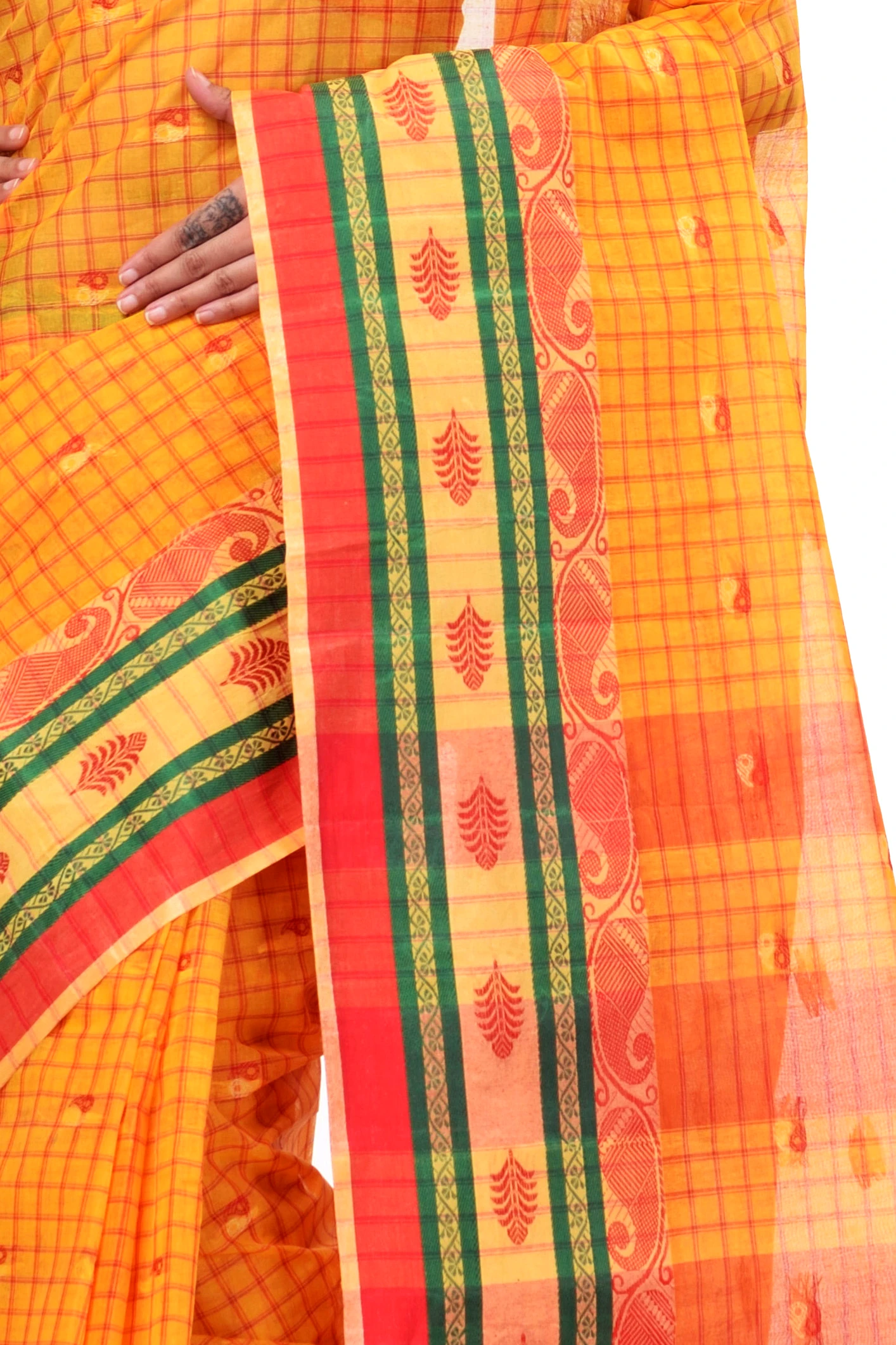 Yellow Pure Cotton ChakButi Tant Saree (125)